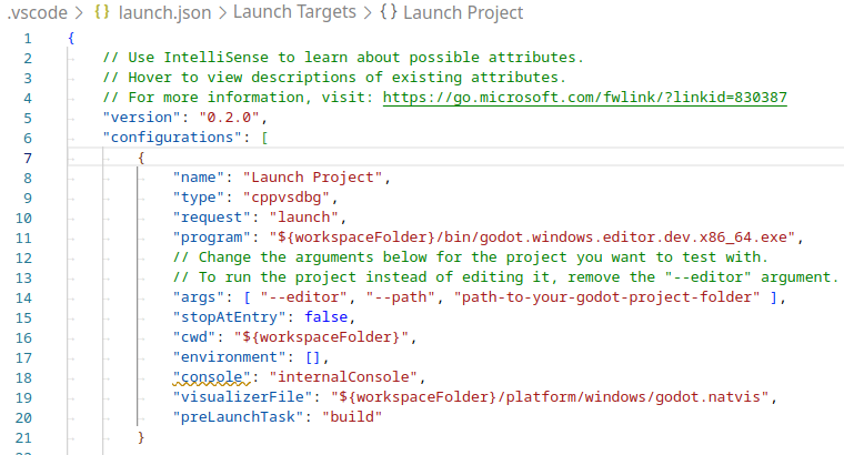 An example of a filled out launch.json.